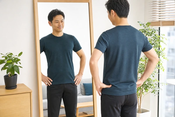 鏡の前で下腹部の体形を確認する日本人男性