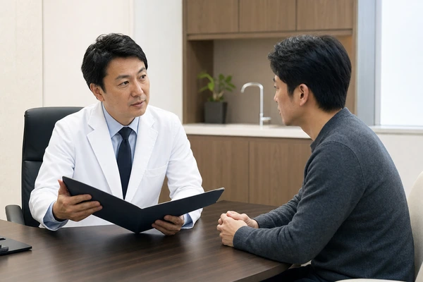 男性医師から長茎手術の説明を受ける日本人男性