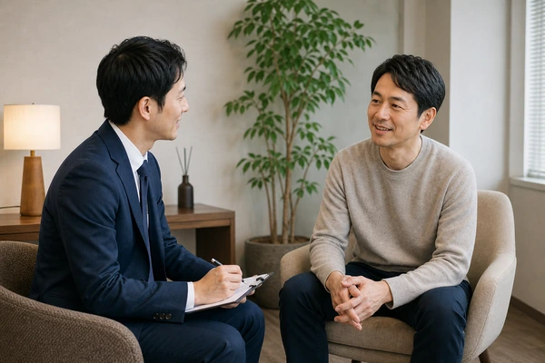 男性スタッフとの無料カウンセリングで安心する日本人男性