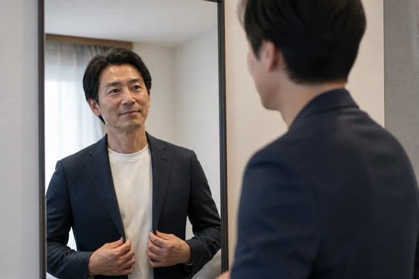 鏡の前で外見の悩みを考える日本人男性