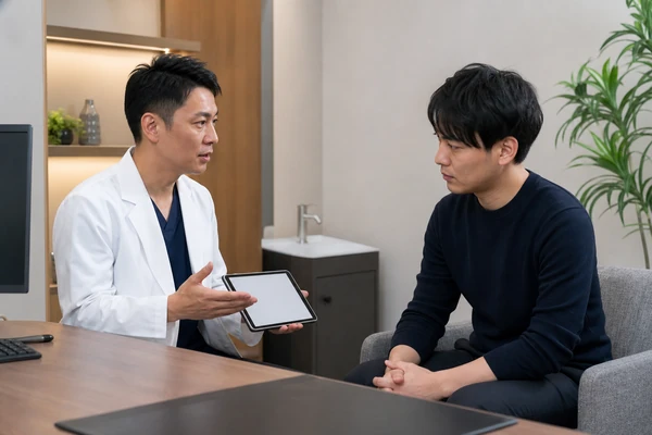 男性専門クリニックで治療方法の説明を受ける日本人男性