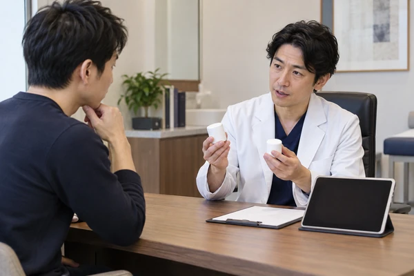 男性医師から陰茎増大の治療方法を聞く日本人男性