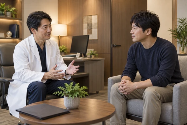 男性専門クリニックで無料カウンセリングを受ける日本人男性