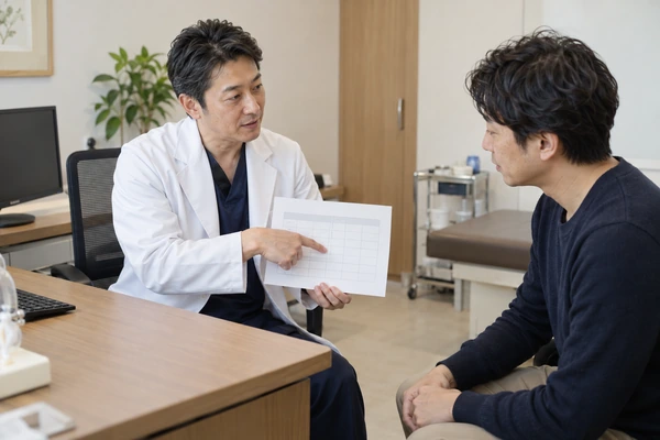 男性医師から術後の予定について説明を受ける日本人男性