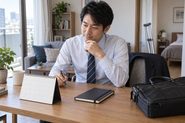 仕事復帰の予定をカレンダーで確認する日本人男性