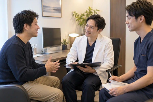 男性医師と男性スタッフによる無料カウンセリングを受ける日本人男性